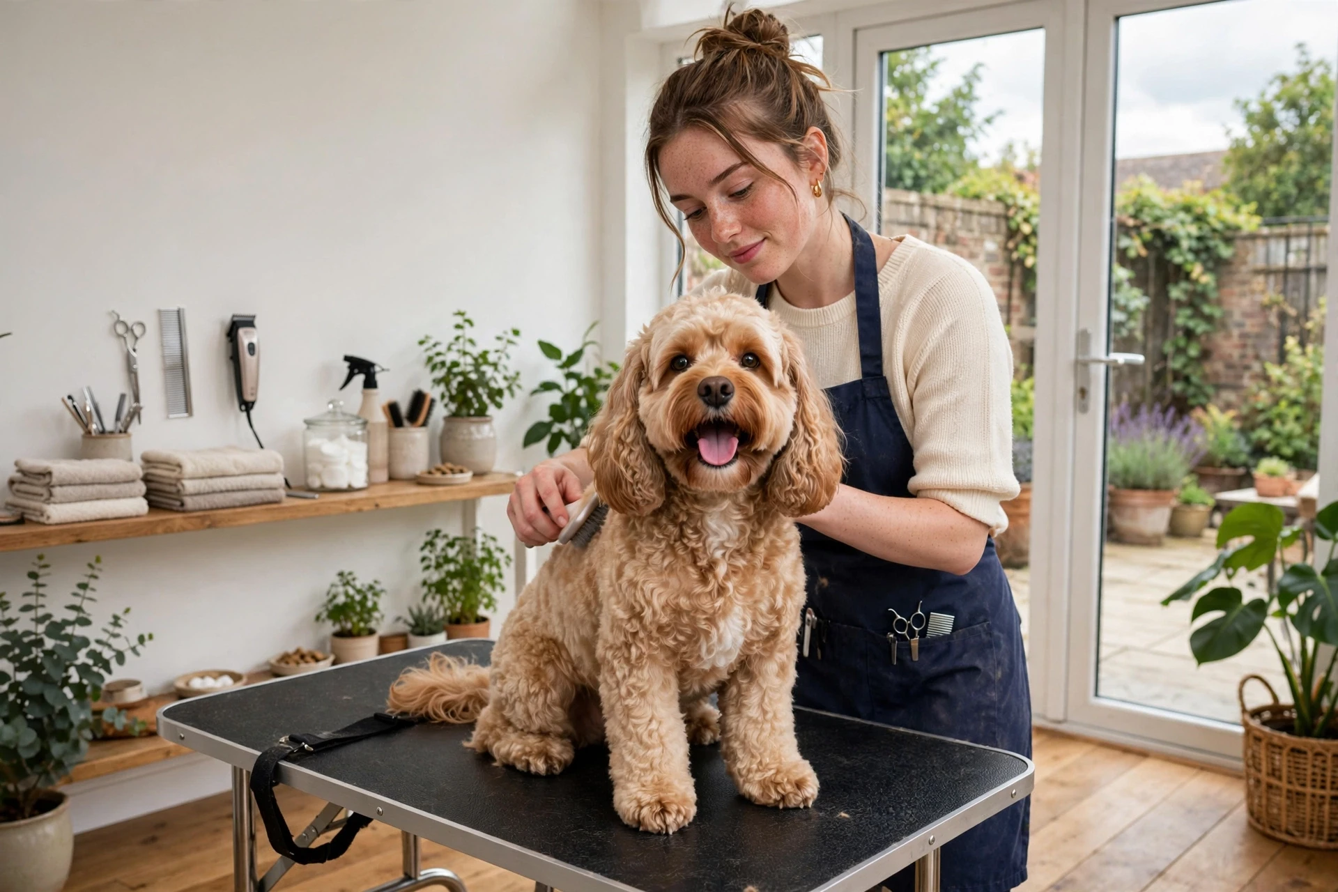 Lisa grooming cockapoo in bright home studio in Stoke-on-Trent