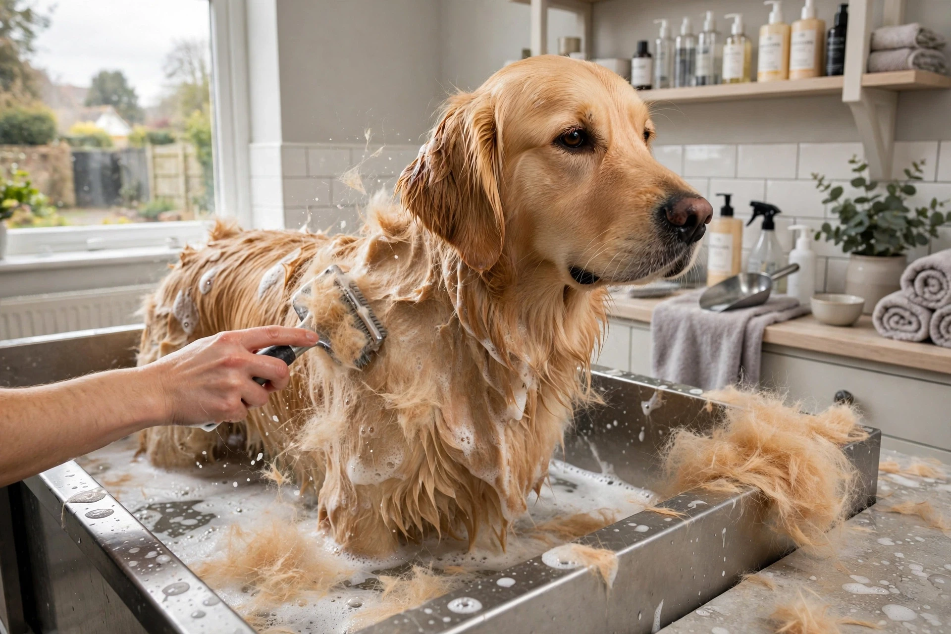 Golden retriever deshed bath treatment