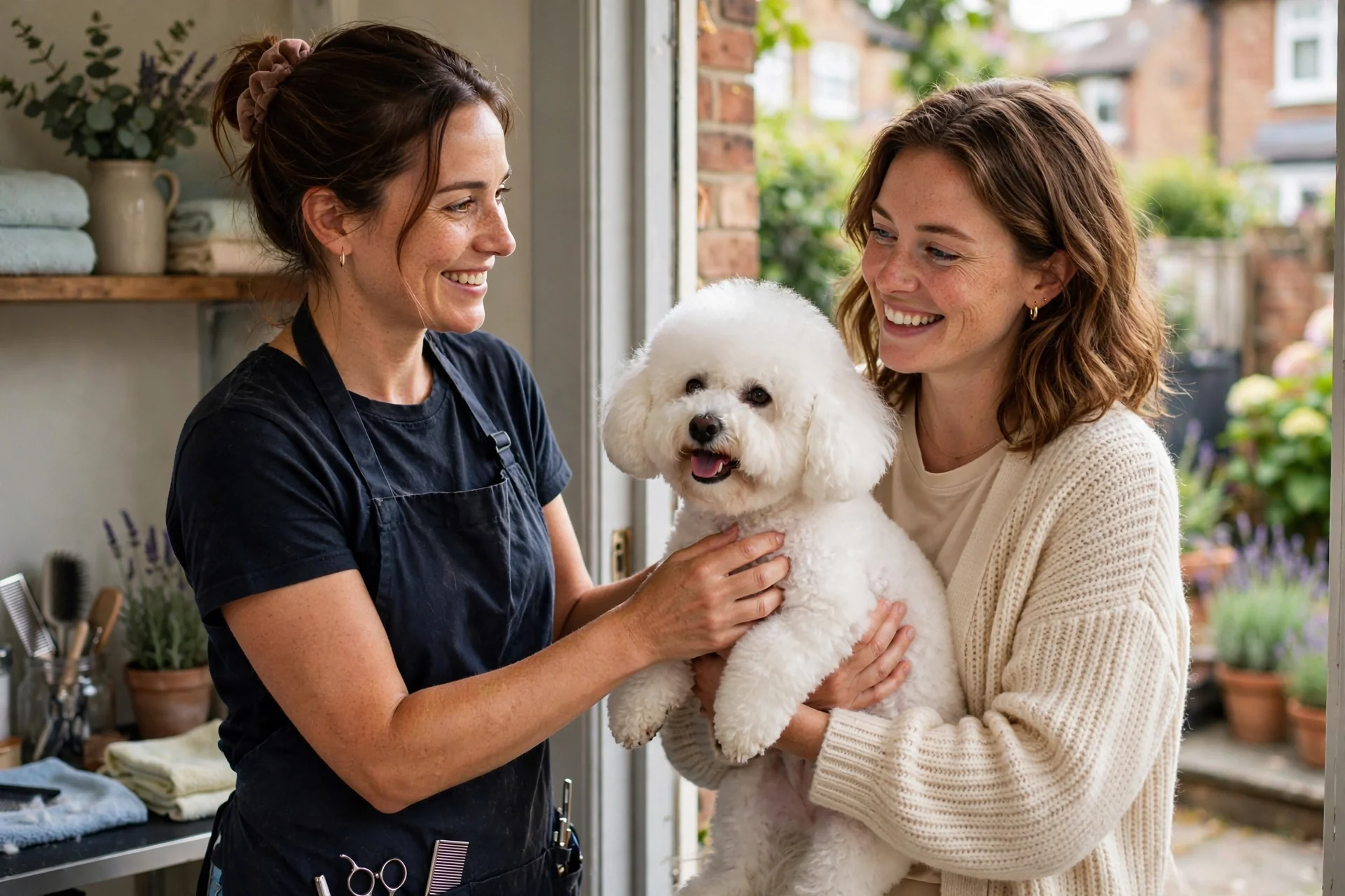 Happy customer collecting dog